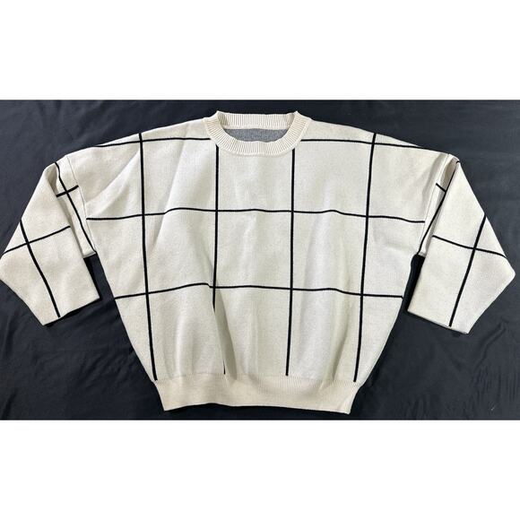 Chicwish Wool Blend Windowpane Grid Sweater Cream Black Boxy Pullover M/L - Picture 1 of 8